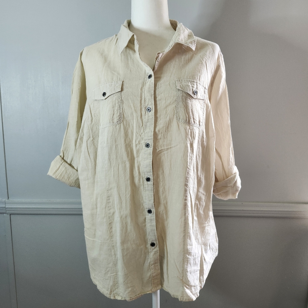 Neutral Linen Loose Lightweight Beach Button Down Shirt
